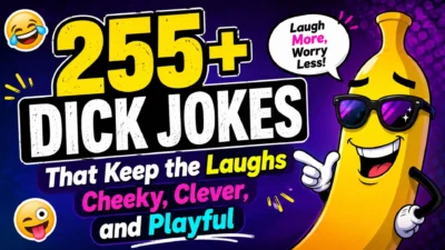 Colorful 255+ Dick Jokes poster with smiling banana, bold text, emojis, and playful purple background