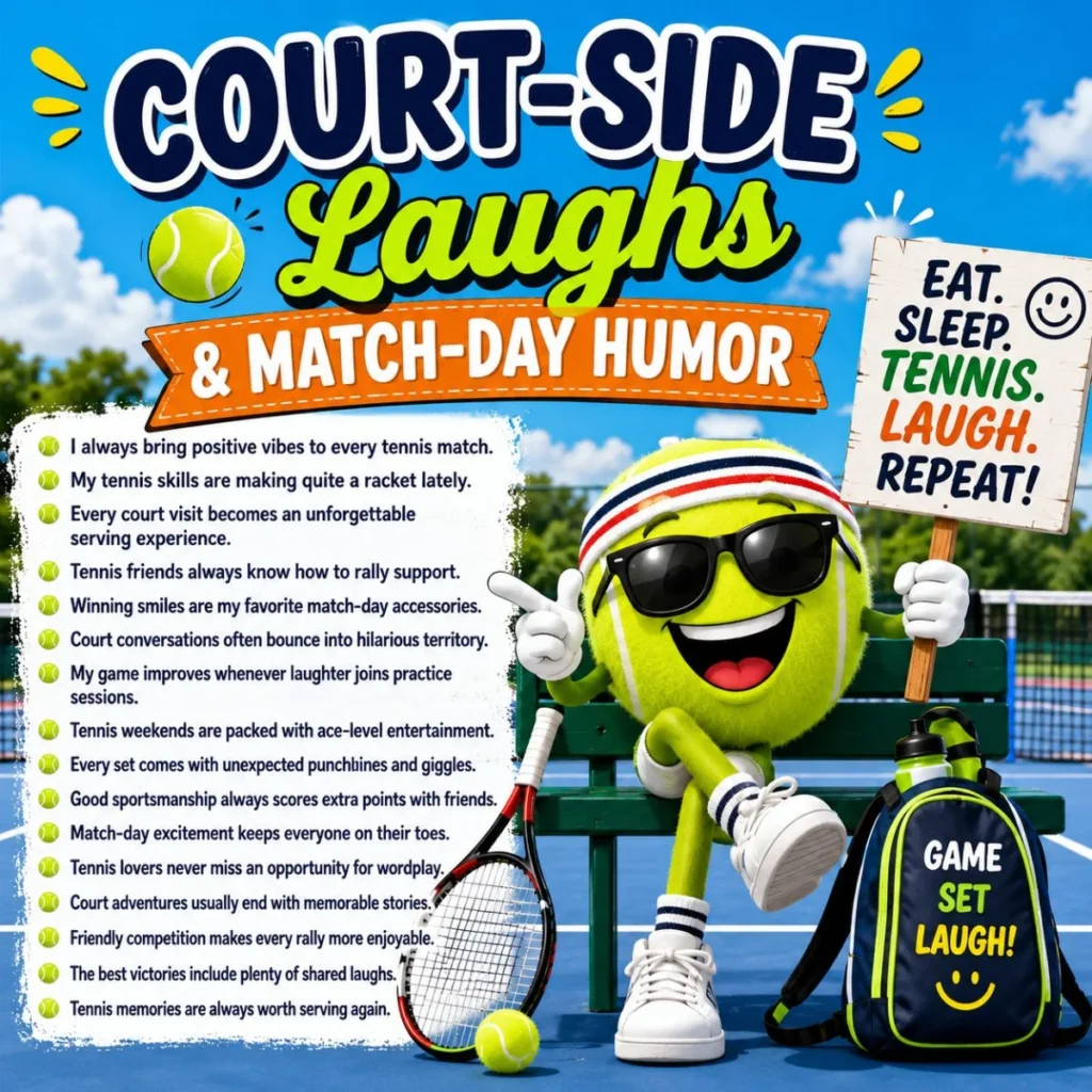 Court-side tennis humor poster with smiling tennis ball mascot, racket, jokes, and match-day laughs