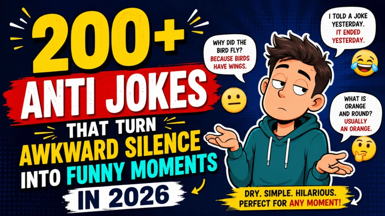 200+ anti jokes thumbnail with deadpan cartoon boy, awkward humor text, speech bubbles, and emoji reactions
