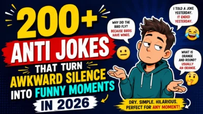 200+ anti jokes thumbnail with deadpan cartoon boy, awkward humor text, speech bubbles, and emoji reactions