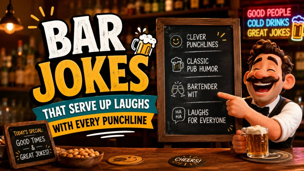 Funny bar jokes poster with cartoon bartender, pub chalkboard, beer mug, and bold comedy text