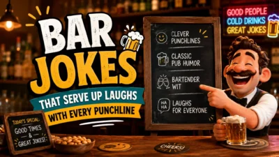 Funny bar jokes poster with cartoon bartender, pub chalkboard, beer mug, and bold comedy text
