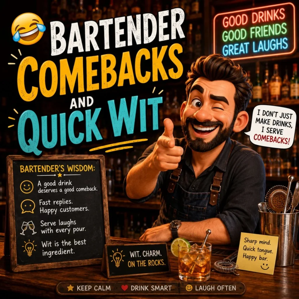 Funny bartender comebacks poster with smiling bartender, pub chalkboard, neon sign, and witty bar humor