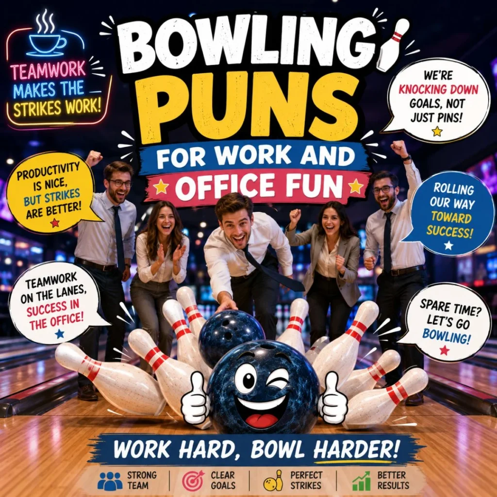 Bowling puns for work and office fun with coworkers, pins, and teamwork bowling quotes