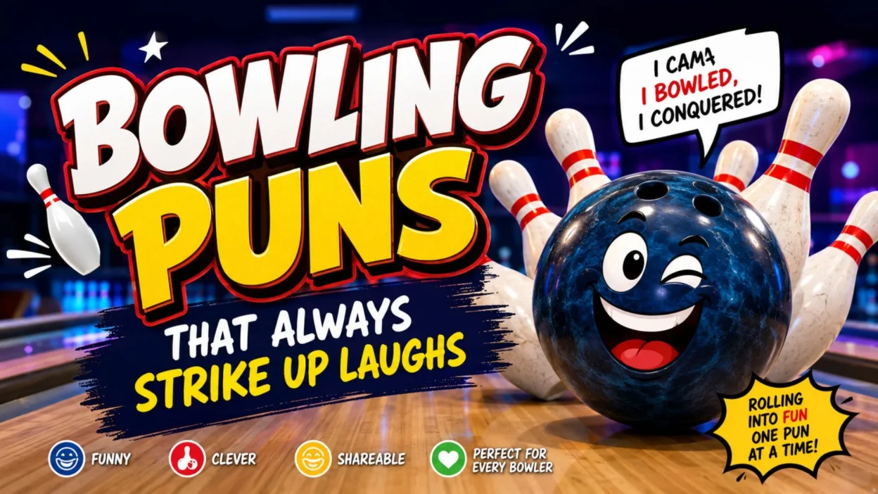 Funny bowling puns banner with smiling bowling ball, pins, and strike up laughs text