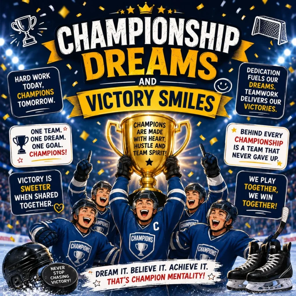 Championship hockey team celebrating trophy victory with confetti, skates, and motivational sports quotes