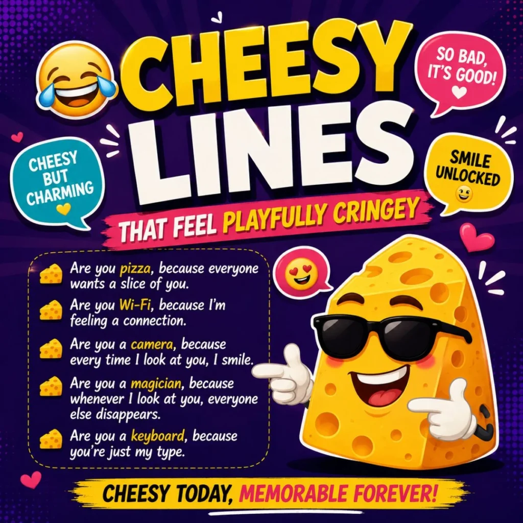 Cheesy lines poster with laughing emoji, cool cheese mascot, playful rizz jokes, and colorful speech bubbles