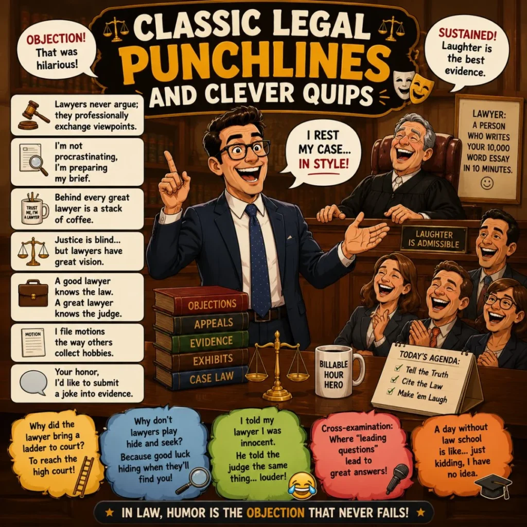 Funny legal punchlines cartoon featuring a lawyer, judge, and courtroom audience enjoying classic lawyer jokes