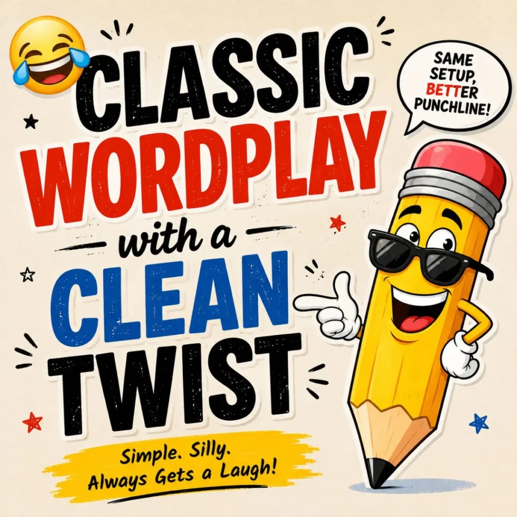 Classic wordplay poster with smiling pencil, clean twist text, laughing emoji, and playful doodles