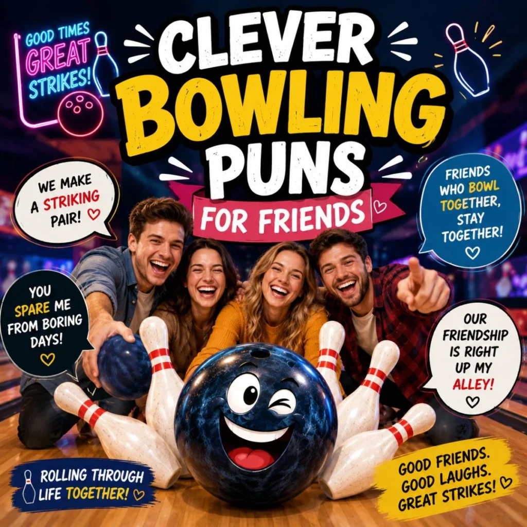 Clever bowling puns for friends with laughing group, bowling ball, pins, and fun alley quotes
