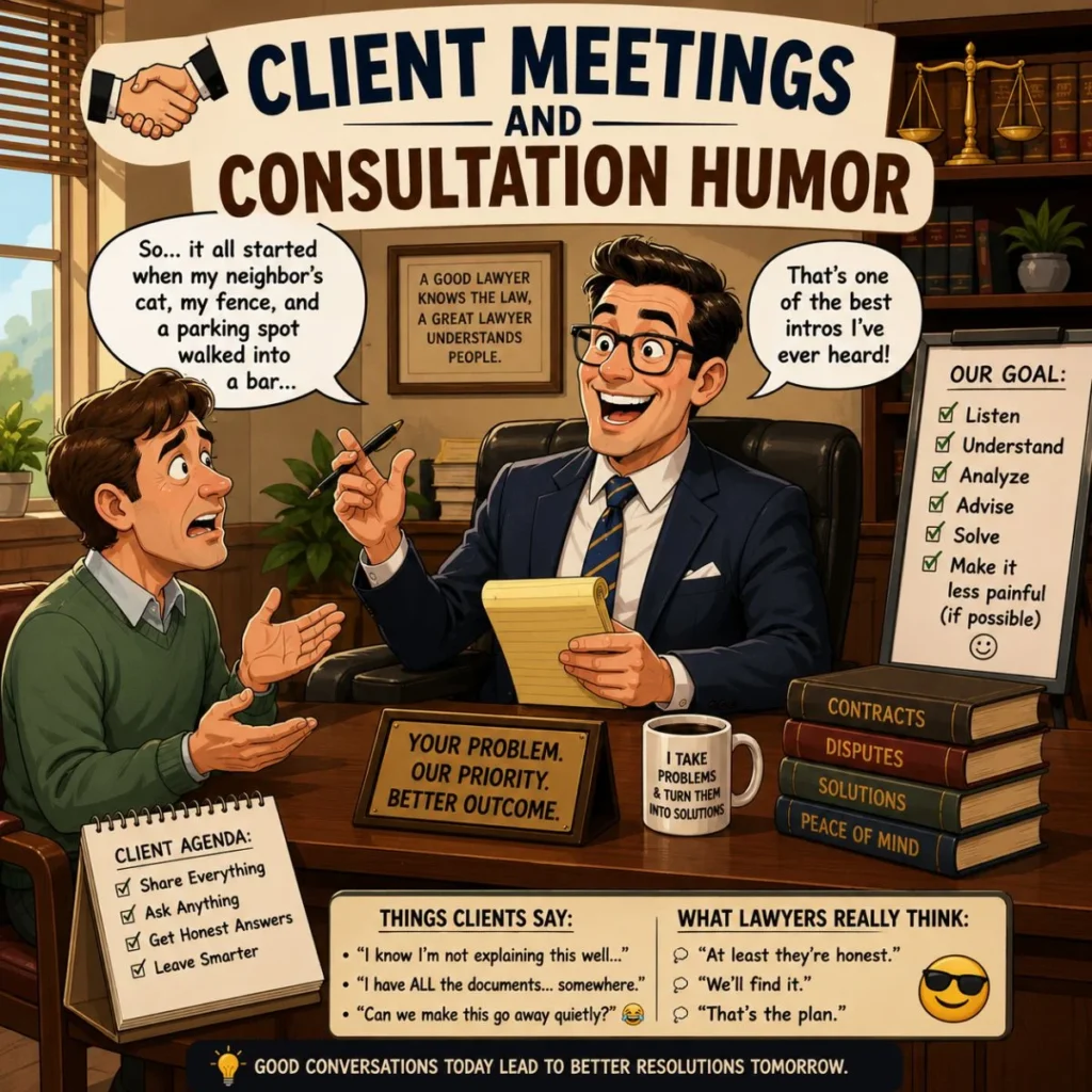 Funny lawyer consultation meeting cartoon showing a client and attorney discussing a case with humor