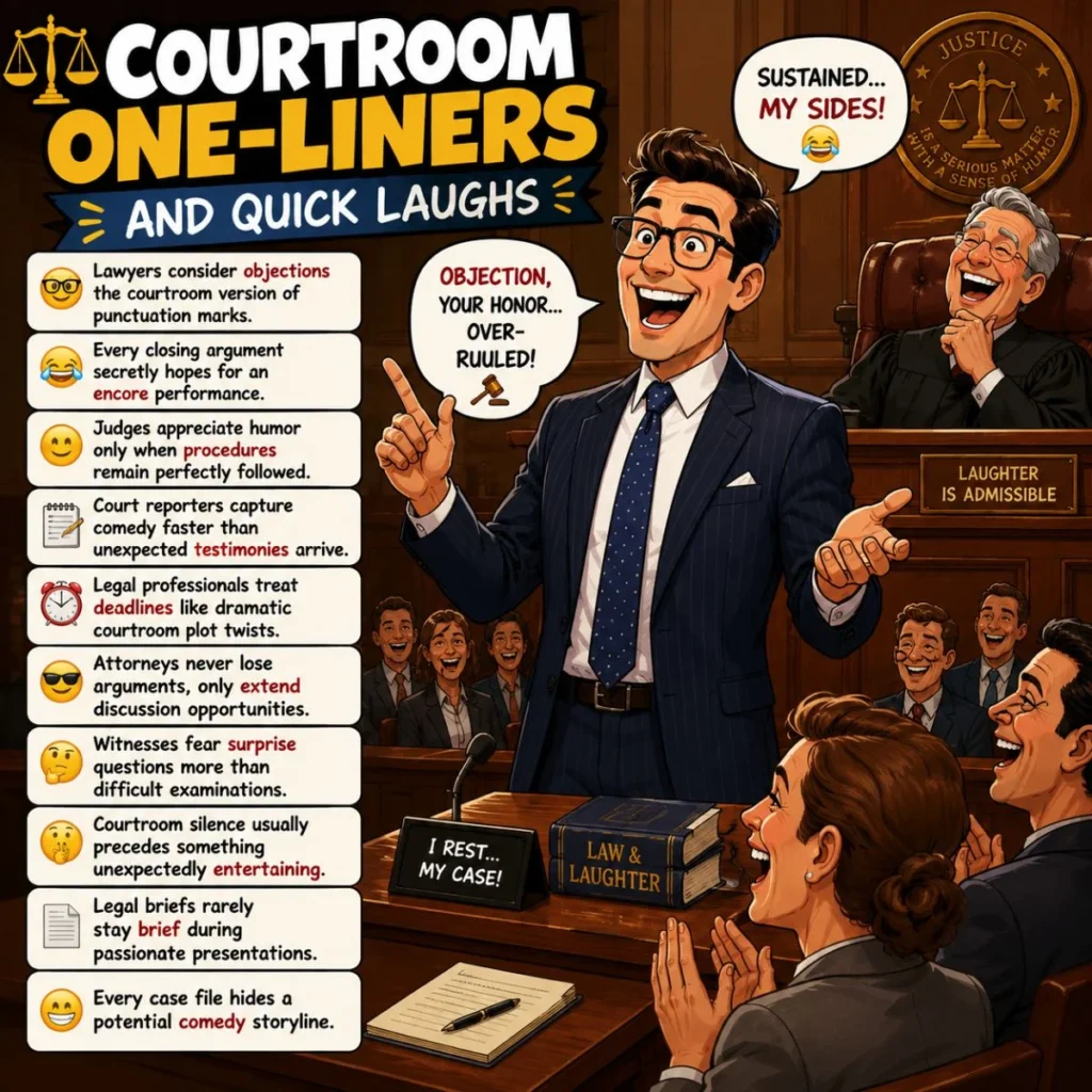 Funny courtroom one-liners cartoon featuring a lawyer, laughing judge, and legal humor in a courtroom setting