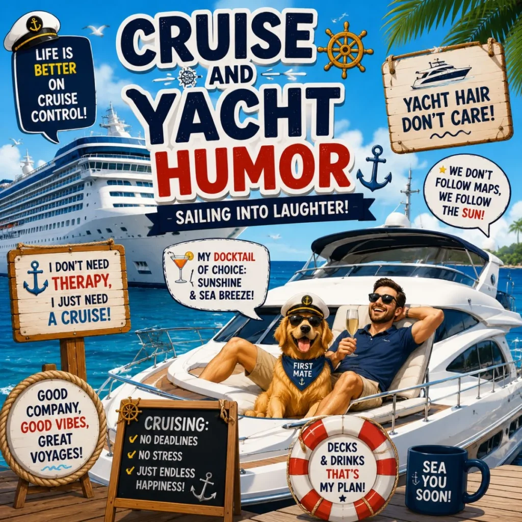 Cruise and yacht humor graphic with luxury boat, cruise ship, dog, ocean, and funny nautical captions