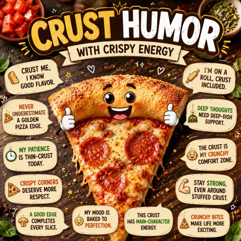 Crust humor pizza poster with smiling pepperoni slice, crispy crust jokes, and playful food captions