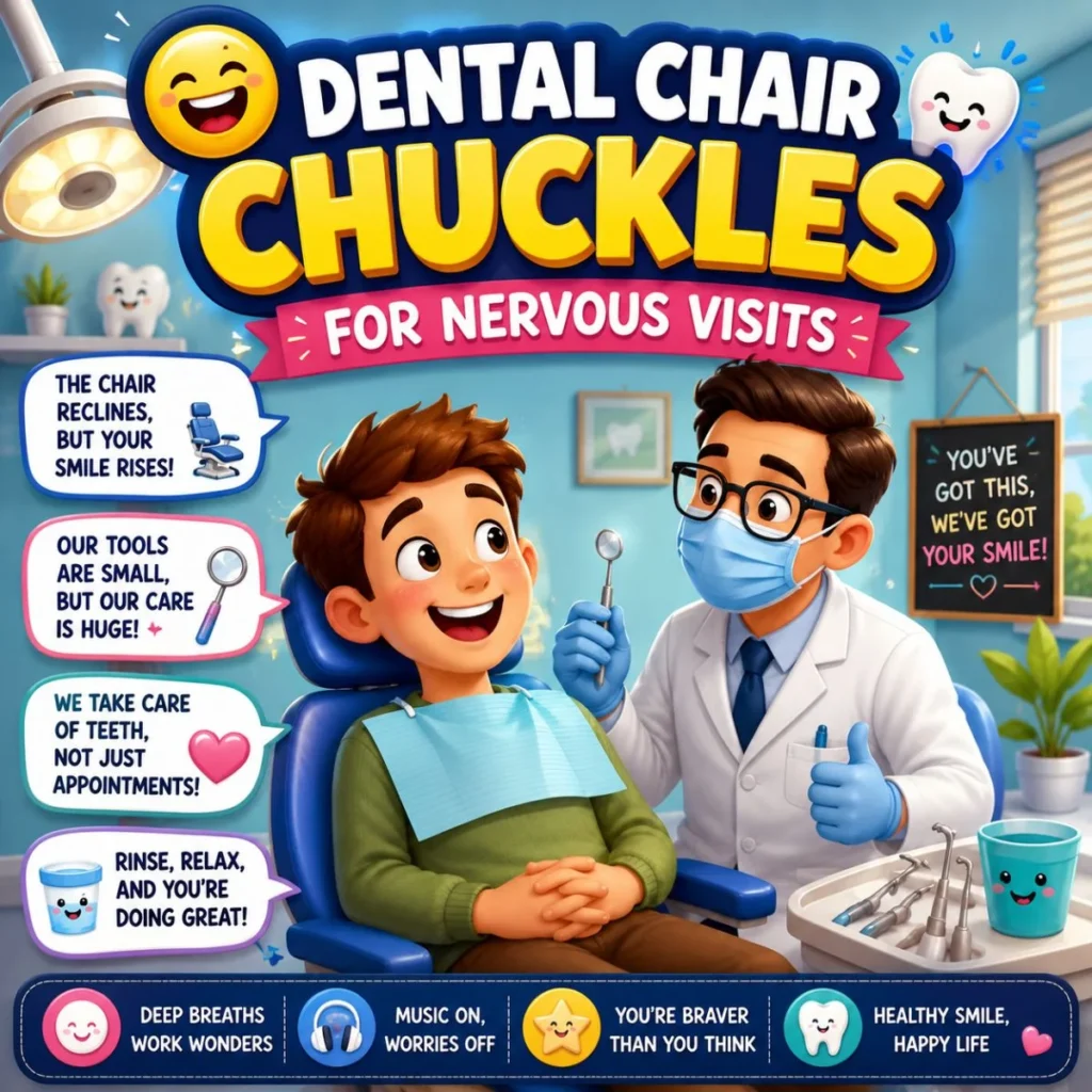 Cartoon dental chair poster with smiling patient, dentist, tooth icons, and nervous visit humor