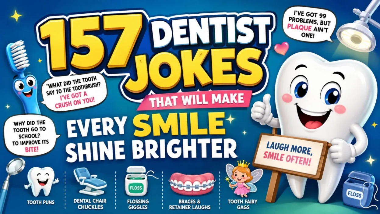 Colorful dentist jokes banner with smiling tooth, toothbrush, floss, braces, and dental humor graphics