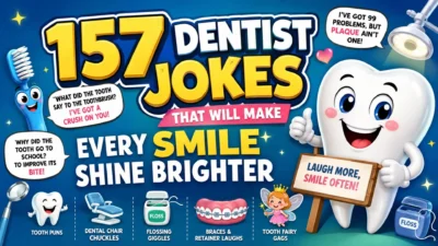 Colorful dentist jokes banner with smiling tooth, toothbrush, floss, braces, and dental humor graphics