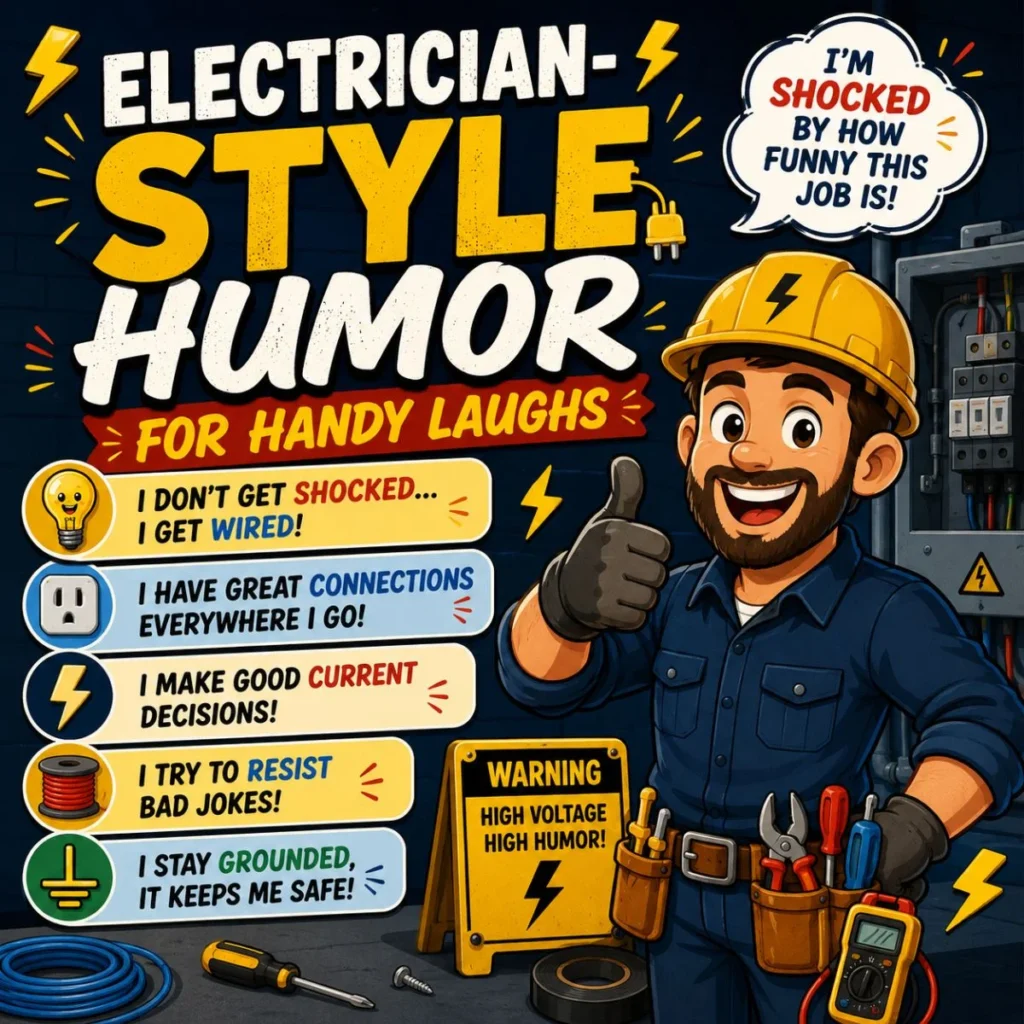 Electrician humor poster with smiling worker, tools, wiring panel, lightning icons, and handy laugh jokes