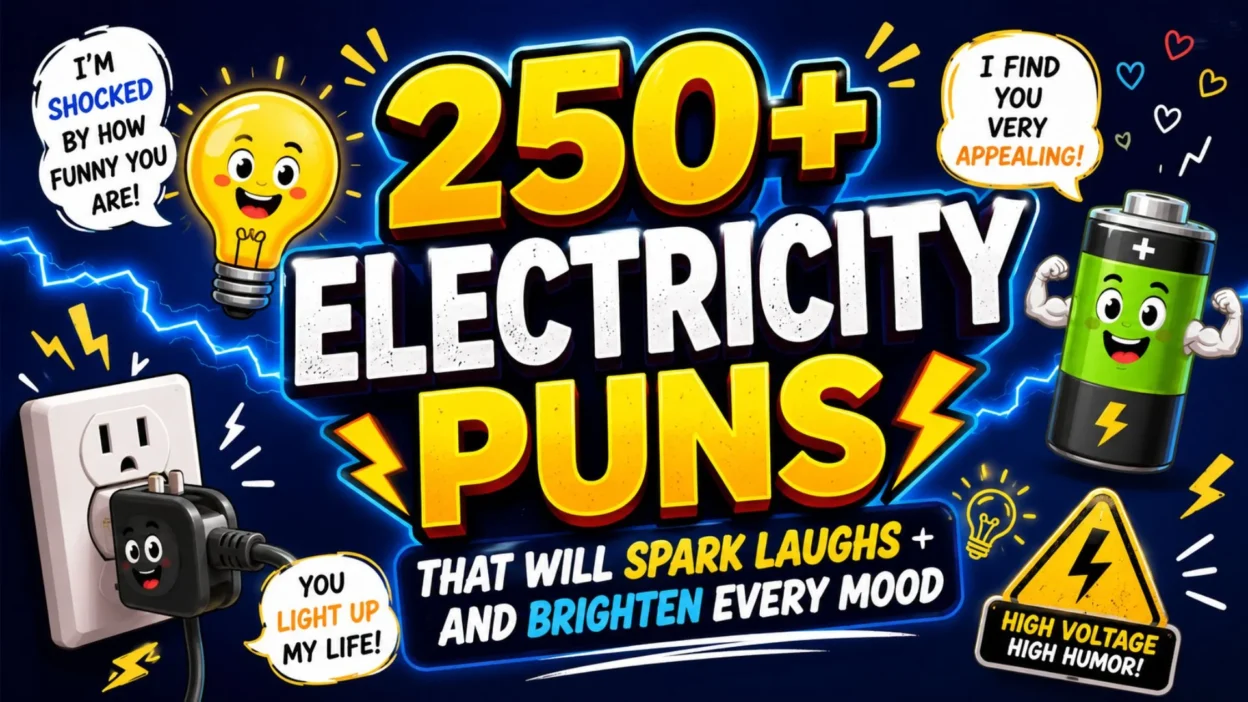 250+ electricity puns banner with lightning, light bulb, battery, plug, and funny electric humor