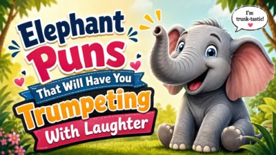 Cute cartoon elephant with raised trunk and colorful text about elephant puns in a cheerful jungle setting