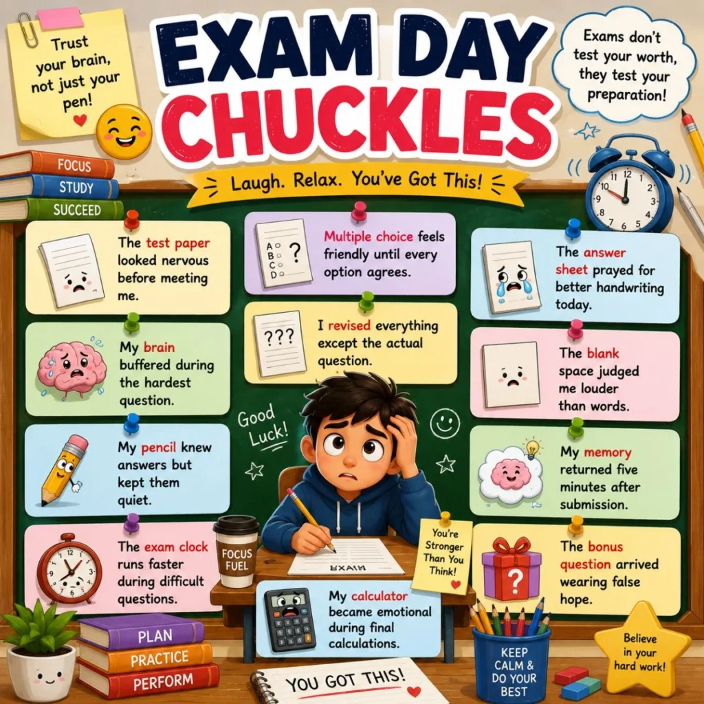 Exam day chuckles poster with nervous student, test paper, calculator, clock, and funny classroom jokes