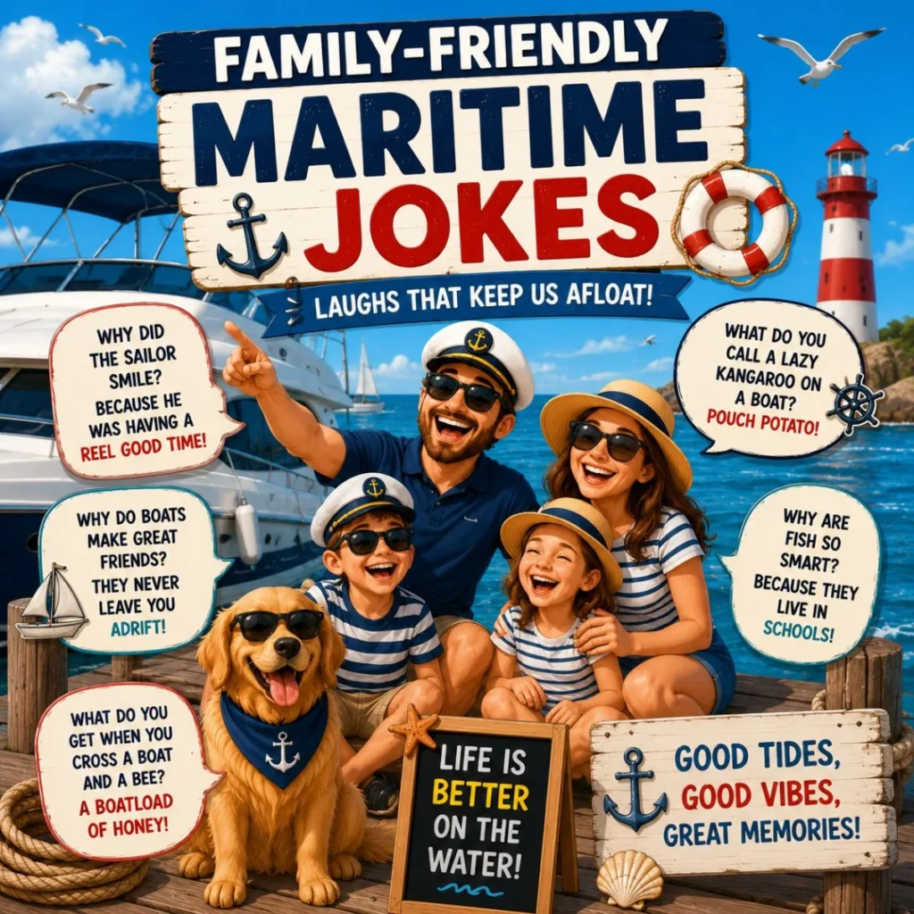 Family-friendly maritime jokes graphic with happy family, dog, boat, lighthouse, and ocean humor