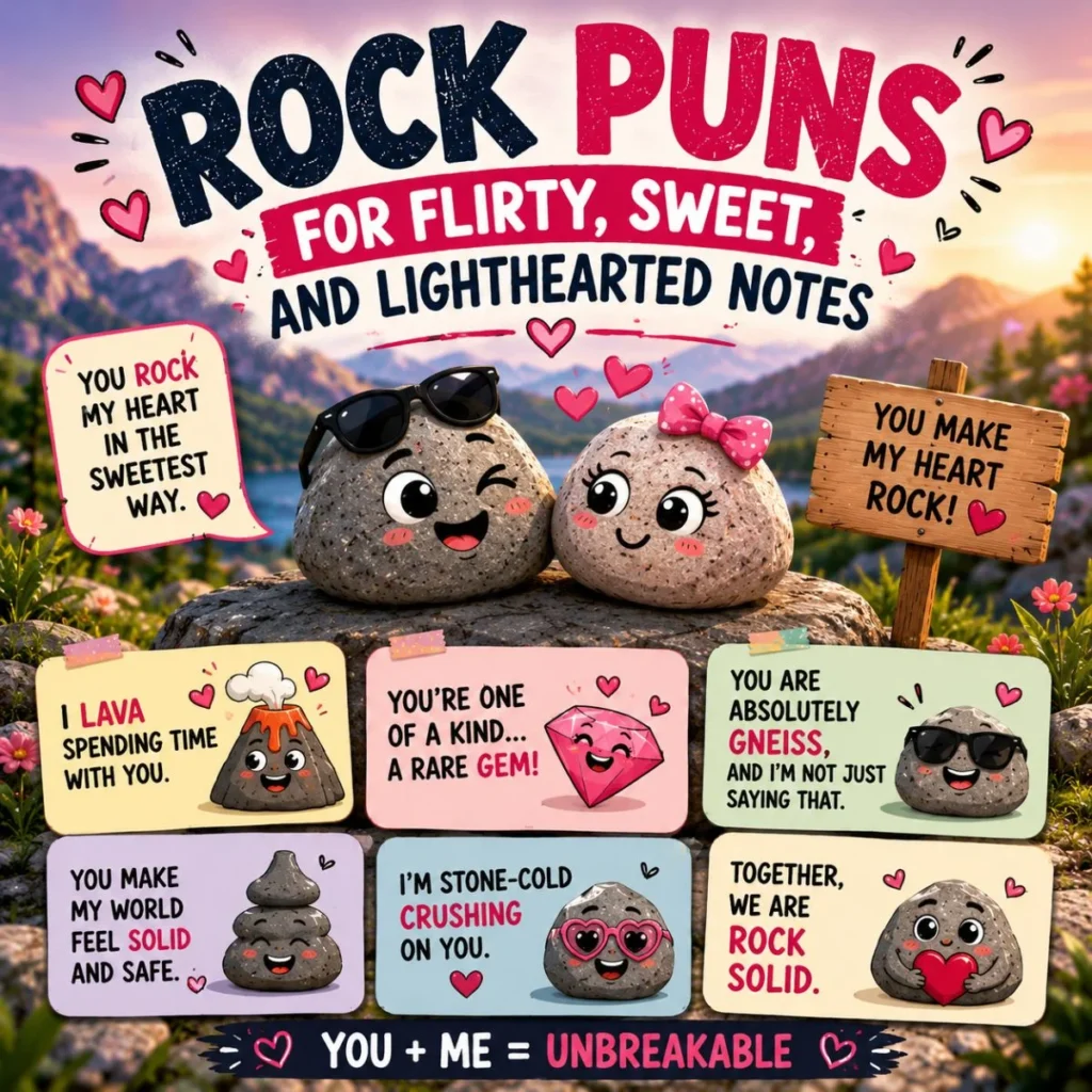 Flirty rock puns poster with cute cartoon stones, hearts, love notes, and mountain background