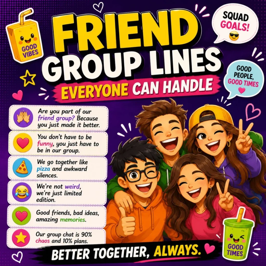 Friend group lines poster with smiling friends, playful rizz jokes, colorful speech bubbles, and good vibes
