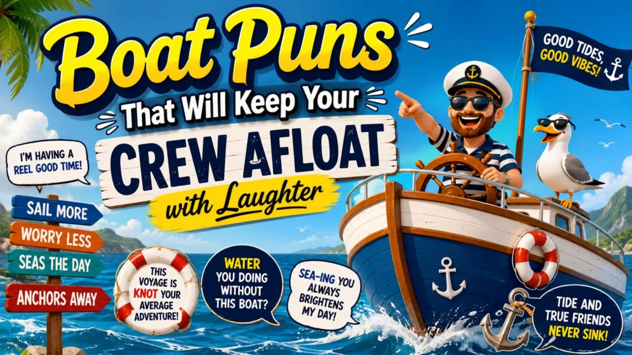 Funny boat puns graphic with captain, seagull, ocean waves, and crew afloat laughter text