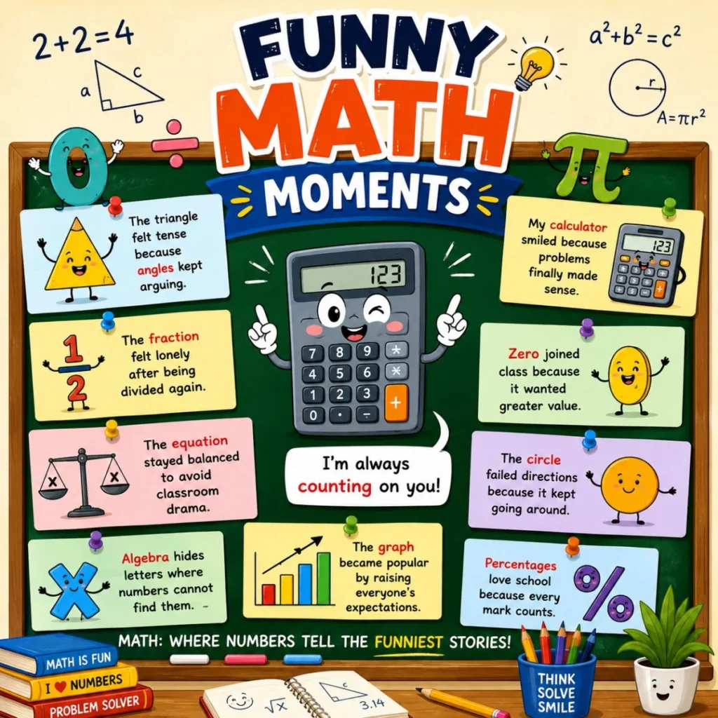 Funny math moments poster with cartoon calculator, numbers, equations, and classroom math jokes