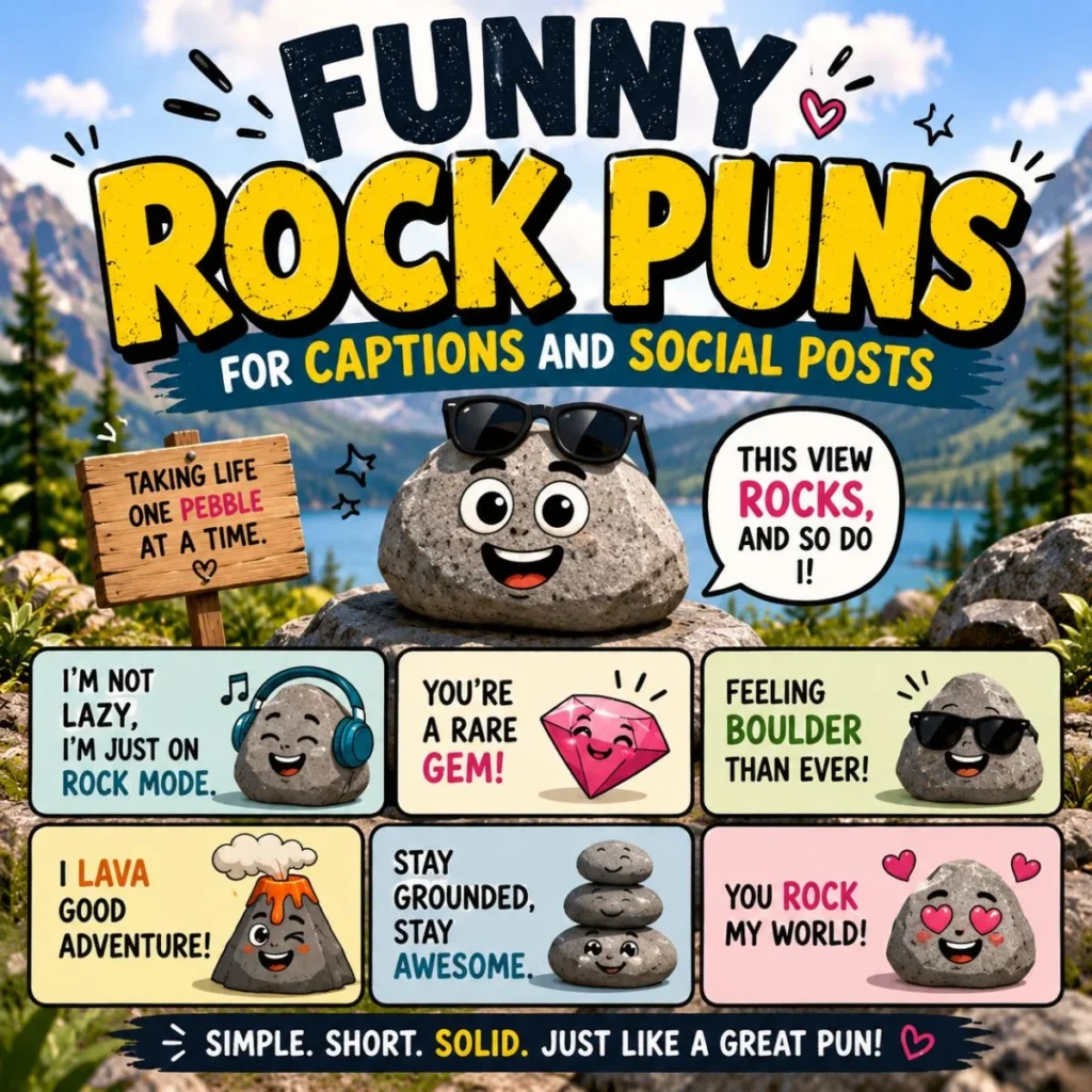 Funny rock puns graphic with cartoon stones, captions, mountains, and social post humor
