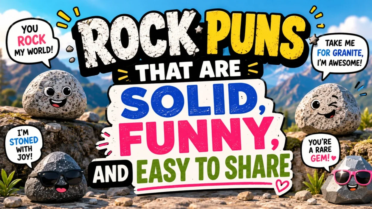 Funny rock puns graphic with smiling cartoon stones, mountain background, and colorful bold text
