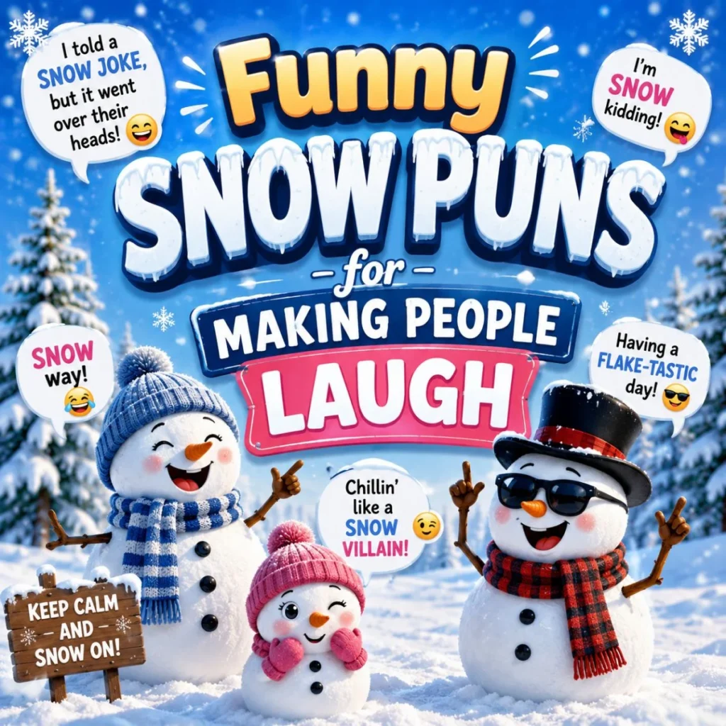 Funny snow puns image with laughing snowmen, speech bubbles, and playful winter joke text