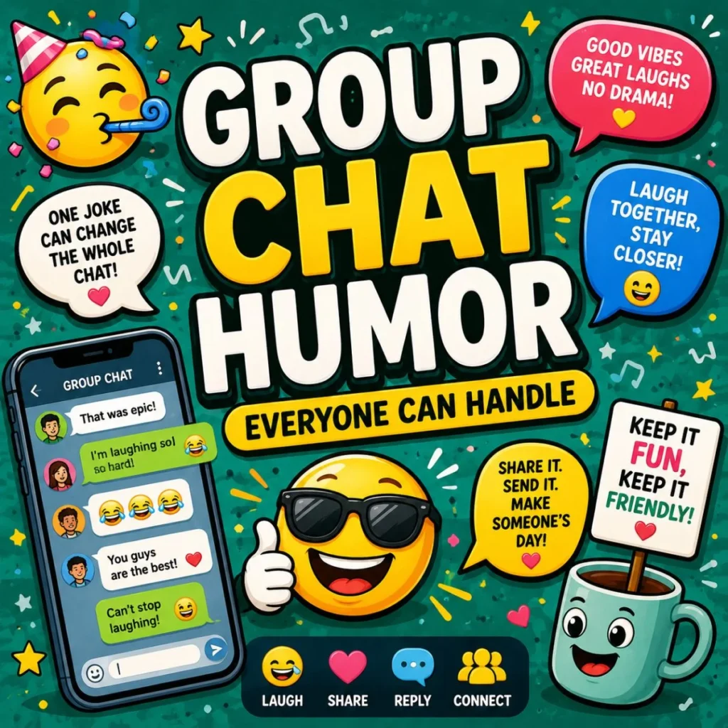 Group chat humor poster with phone messages, laughing emojis, speech bubbles, and friendly party vibes