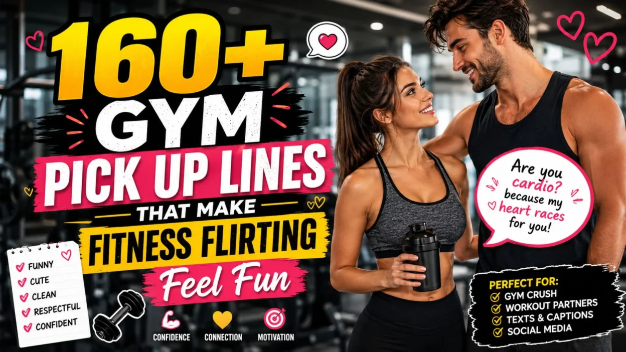 Gym pick up lines image with fitness couple, dumbbells, hearts, and fun workout flirting text