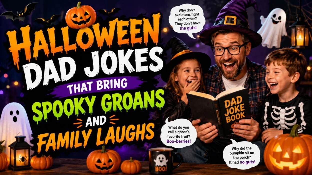 Halloween dad jokes image with laughing family, pumpkins, ghosts, bats, and spooky party humor