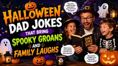 Halloween dad jokes image with laughing family, pumpkins, ghosts, bats, and spooky party humor