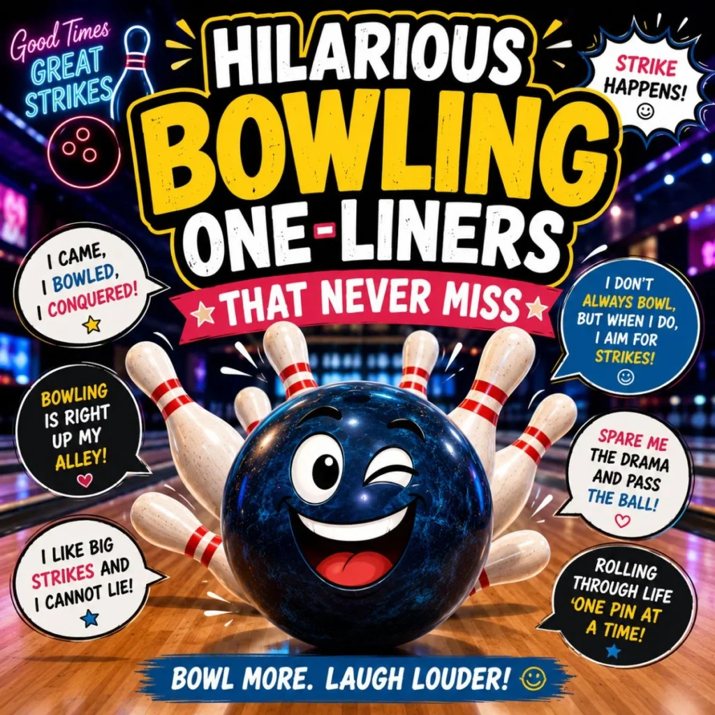 Hilarious bowling one-liners poster with smiling ball, pins, and funny strike jokes