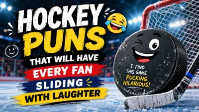 Funny hockey puns graphic with smiling hockey puck, ice rink, goal net, and humorous hockey fan quotes