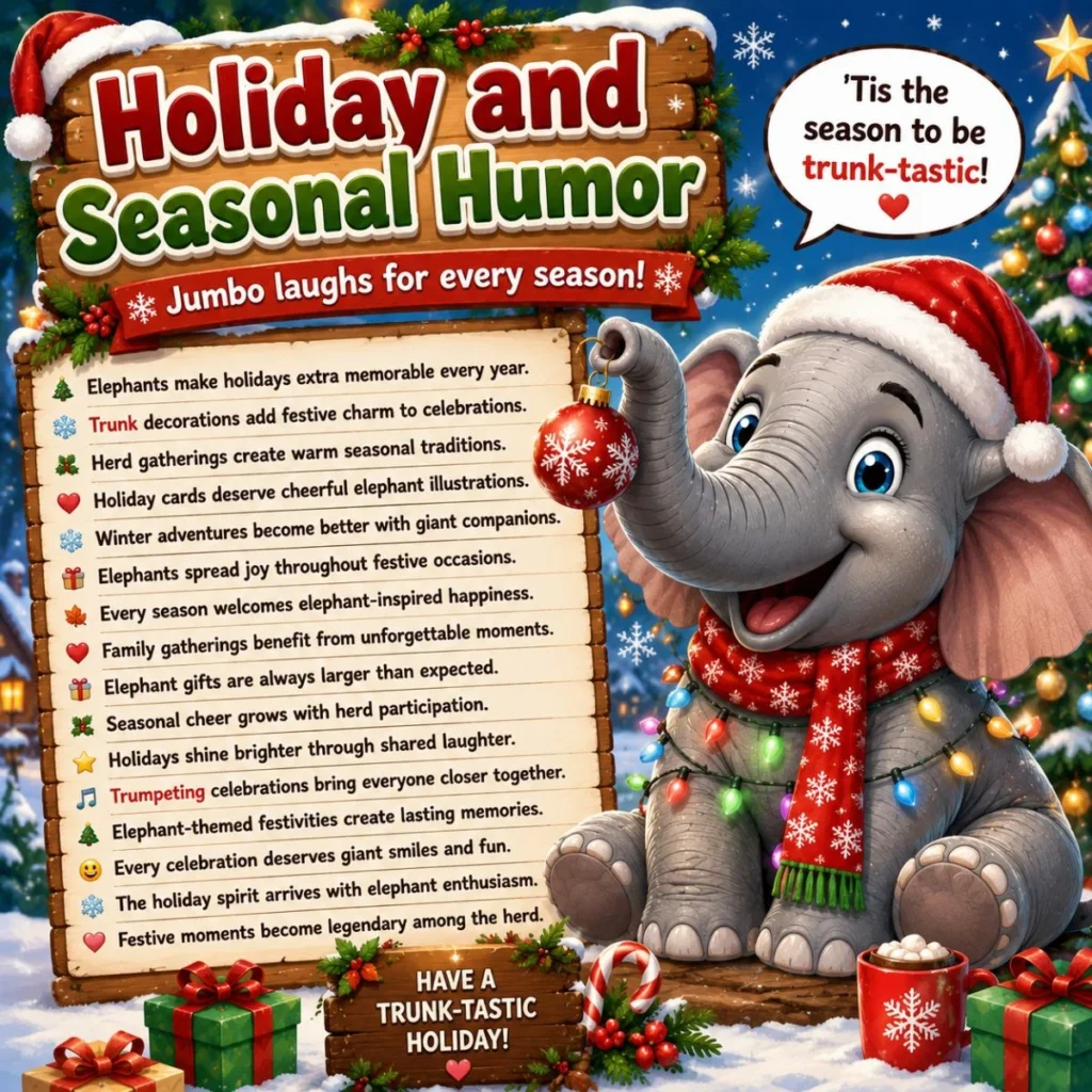 Festive cartoon elephant in winter holiday scene with seasonal humor, Christmas decorations, and cheerful puns