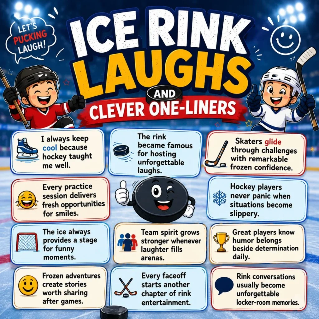 Ice rink laughs poster with hockey puns, cartoon players, smiling puck, and funny one-liners