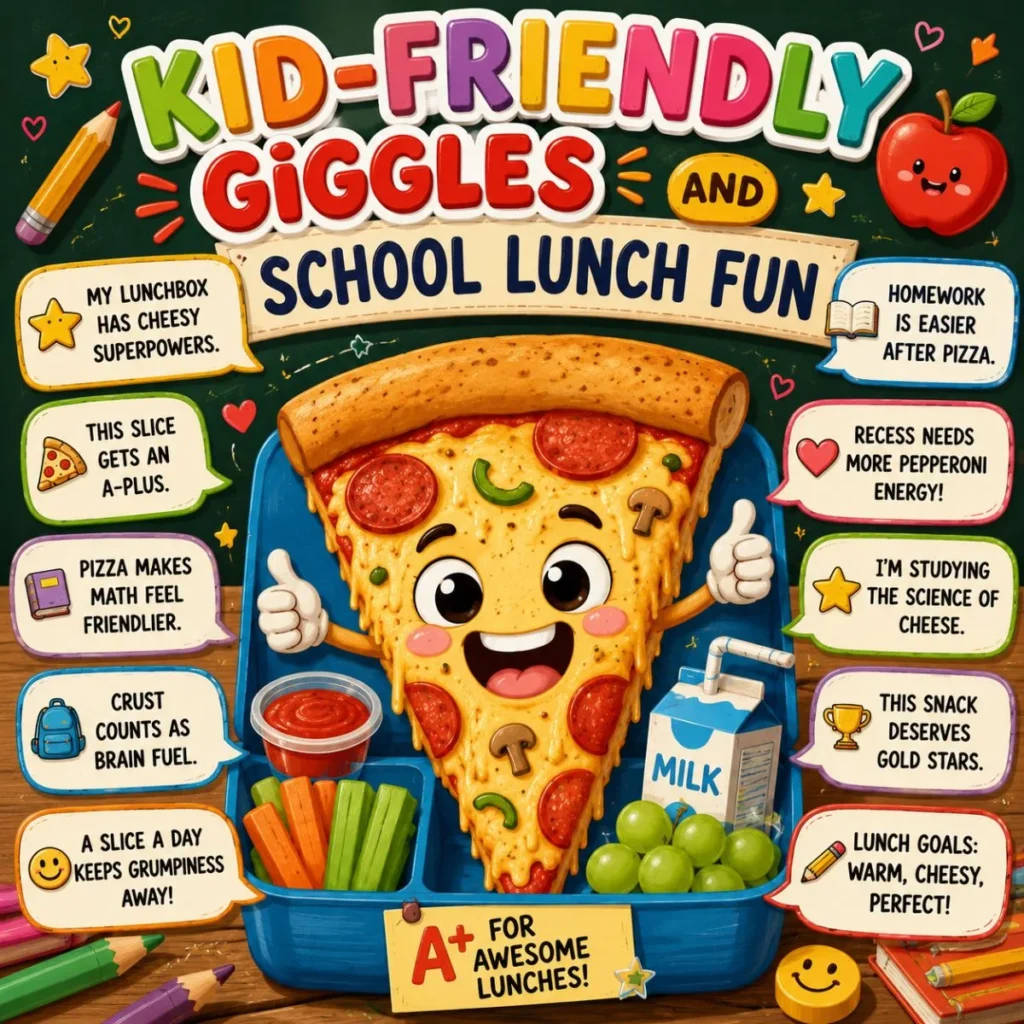 Kid-friendly pizza lunch poster with smiling pizza slice, school lunch jokes, and colorful classroom-themed illustrations