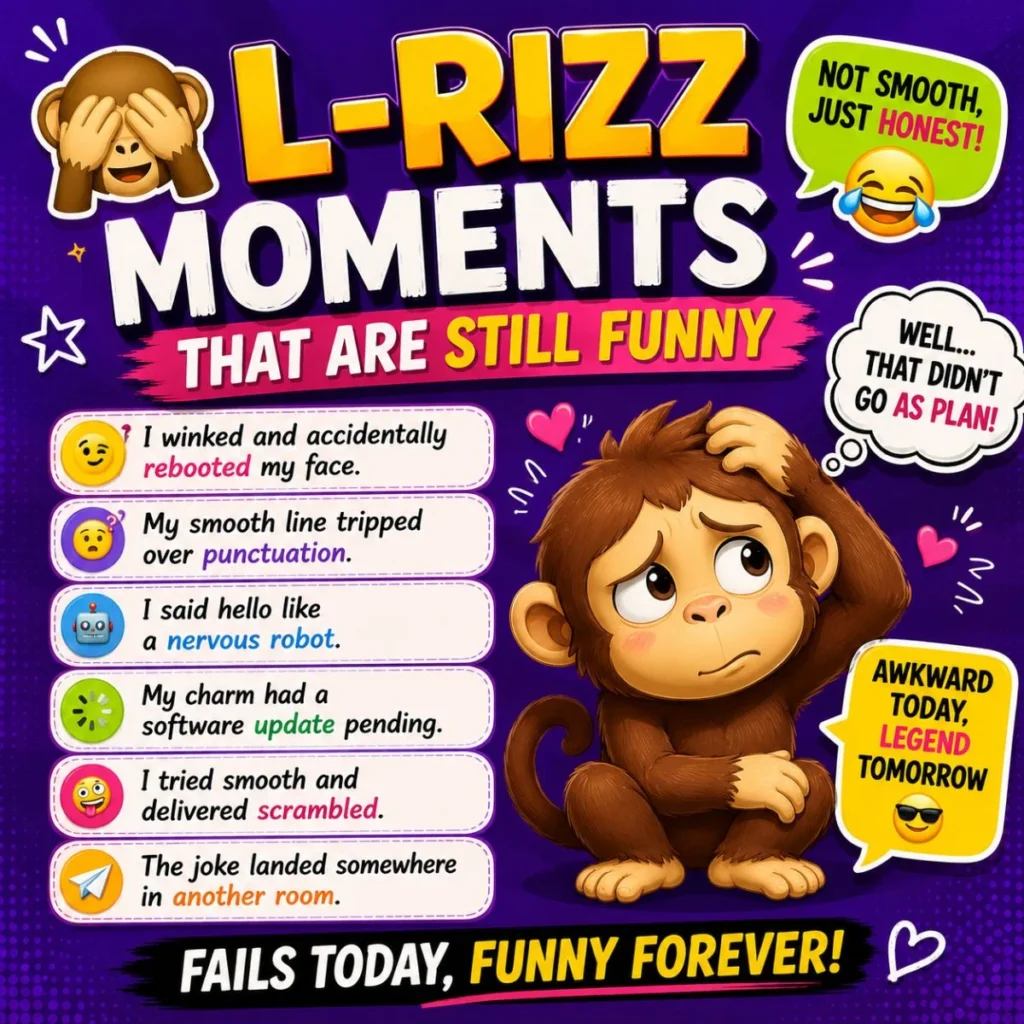 L-rizz moments poster with shy monkey, funny fail jokes, colorful speech bubbles, and playful cringe humor