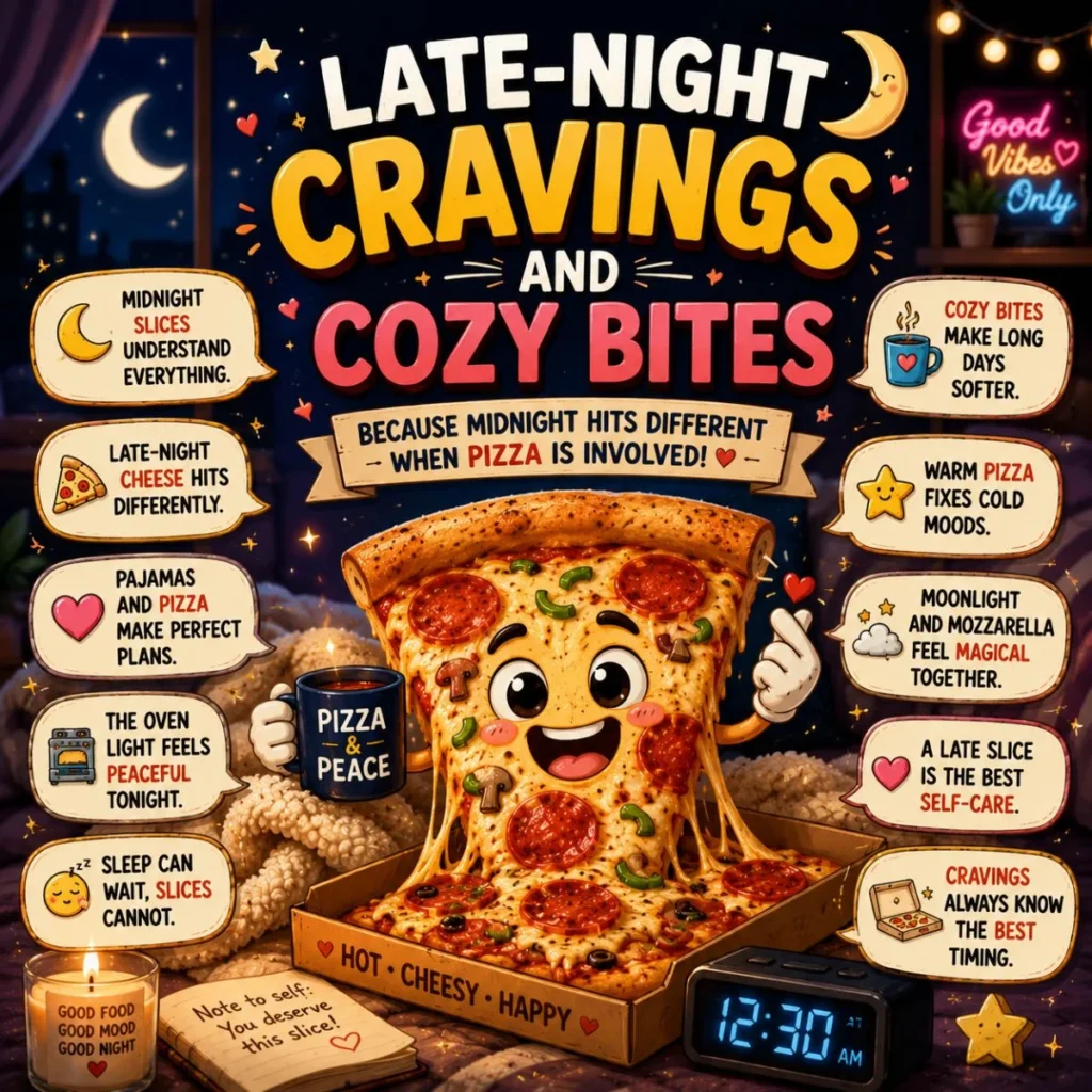 Late-night pizza cravings poster with cozy bedroom scene, smiling pizza slice, and midnight snack humor