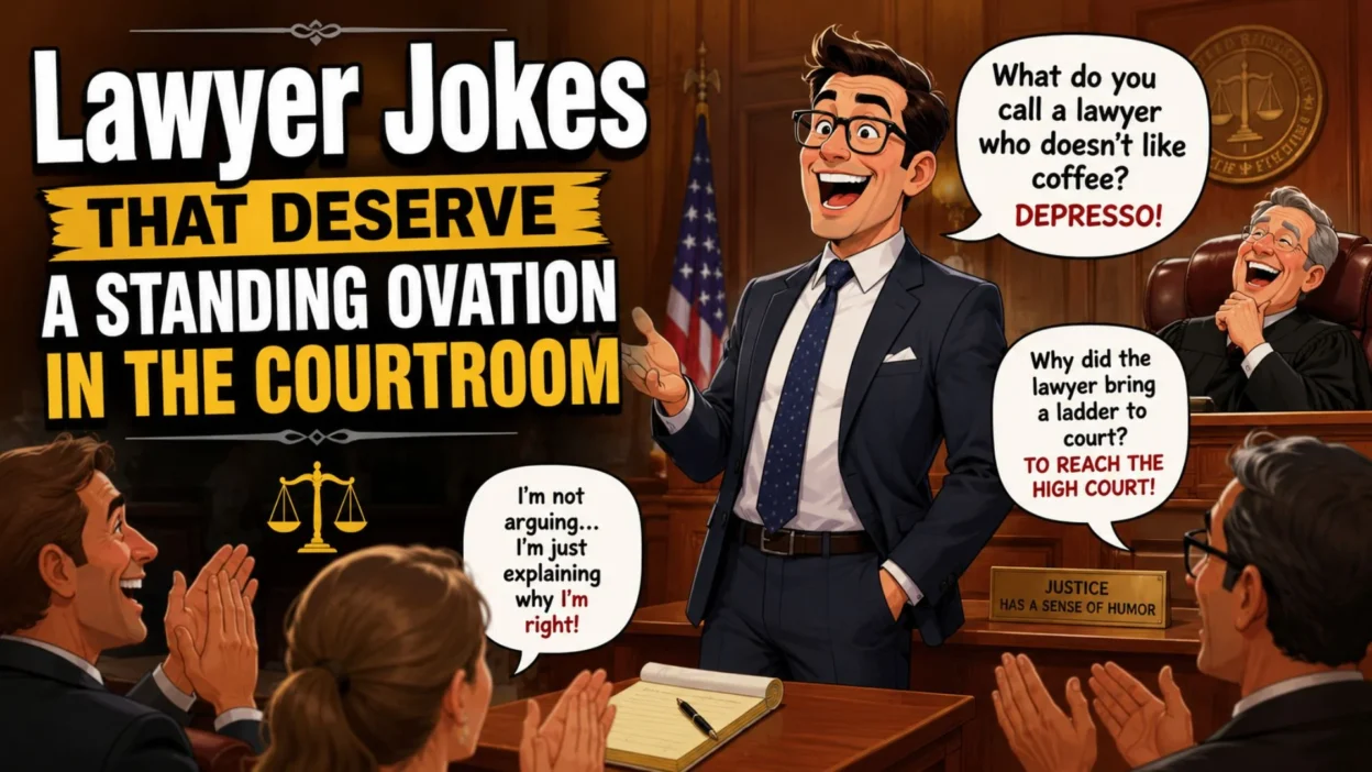 Cartoon lawyer telling courtroom jokes as judge and audience laugh during a humorous legal comedy scene