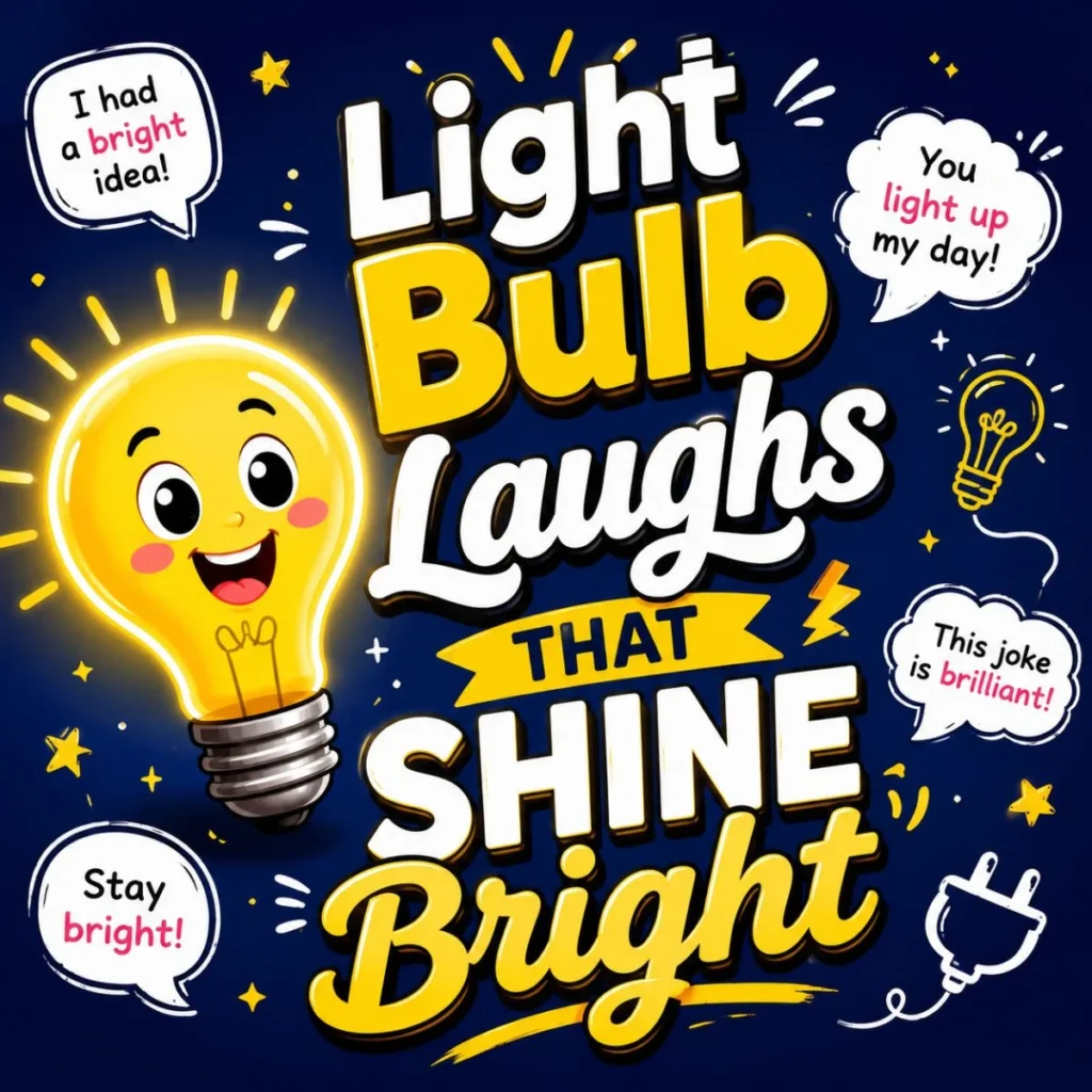 Light bulb laughs poster with glowing cartoon bulb, bright pun text, speech bubbles, stars, and cheerful humor