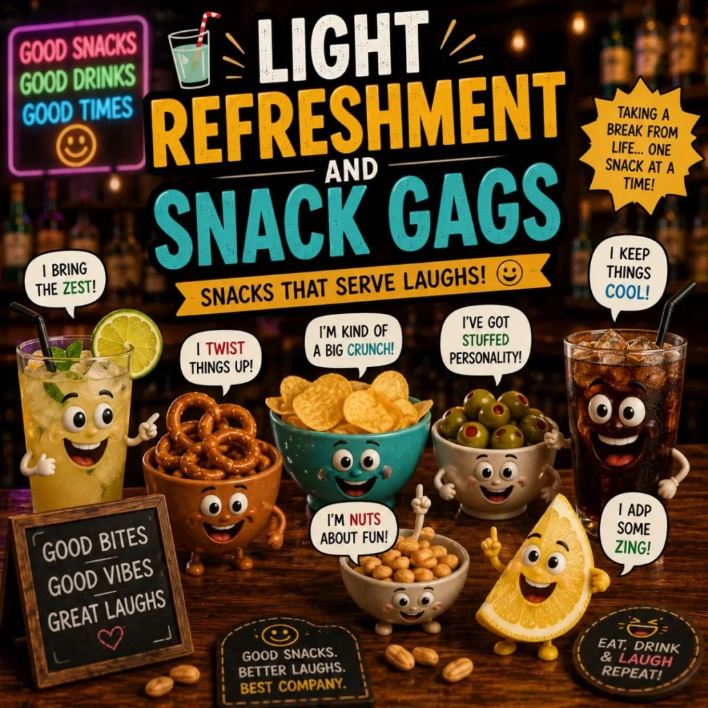 Funny snack gags poster with cartoon drinks, pretzels, chips, olives, peanuts, and lively bar humor