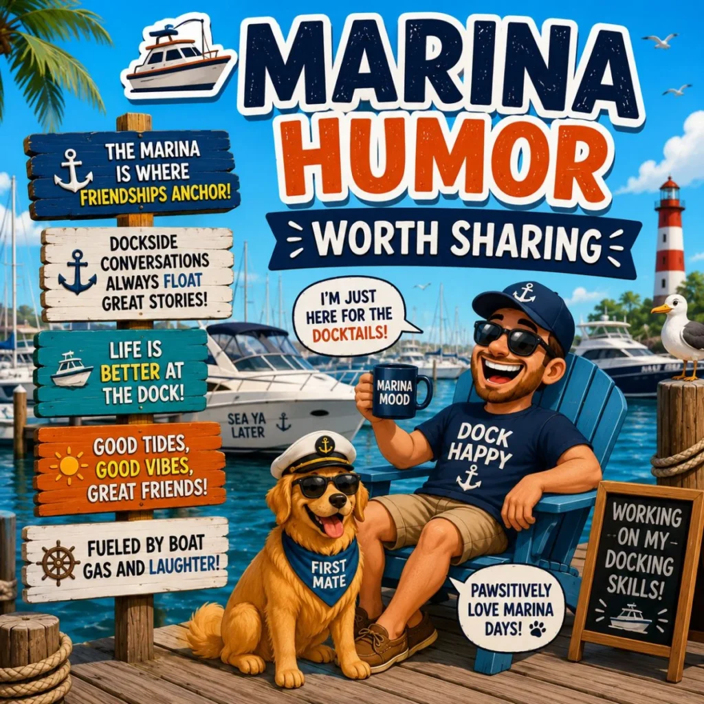 Marina humor graphic with boats, dock signs, laughing man, dog, seagull, and nautical jokes