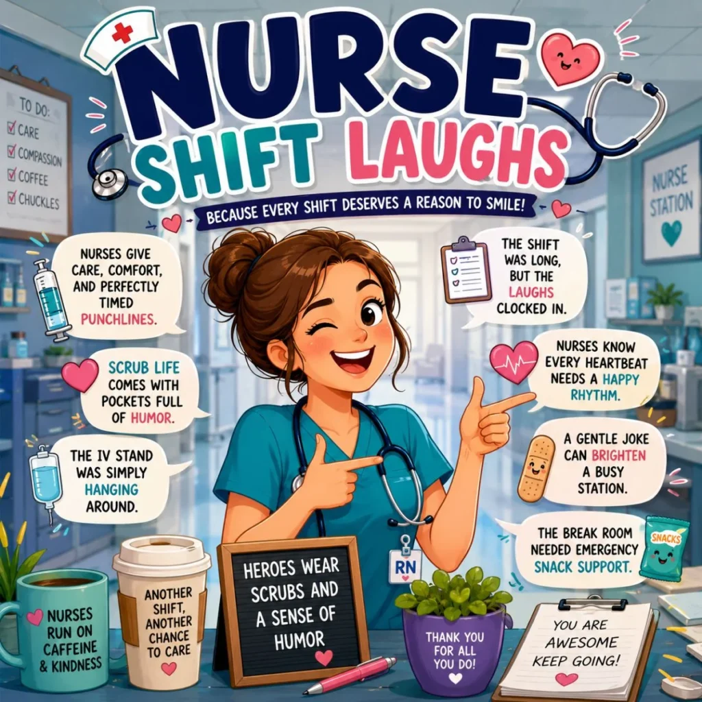 Smiling cartoon nurse at nurse station with shift laughs and healthcare humor quotes