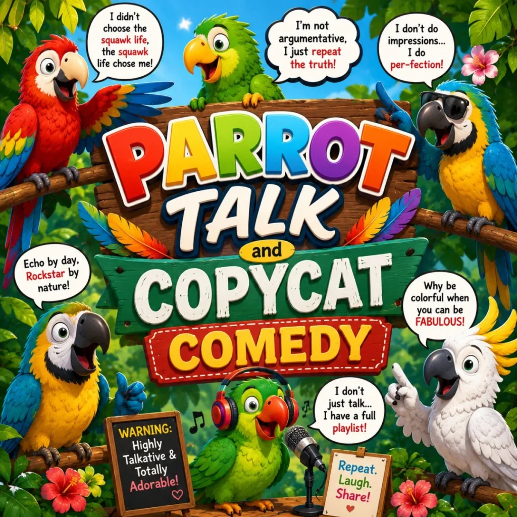 Colorful parrot talk cartoon with funny copycat comedy text, speech bubbles, and tropical jungle birds